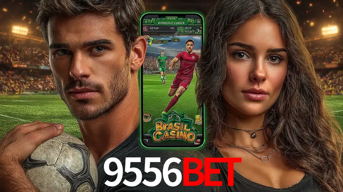 Homem segurando uma bola de futebol e uma mulher ao lado de um smartphone exibindo o jogo de apostas esportivas da 9556BET. Faça seu palpite no cassino online.